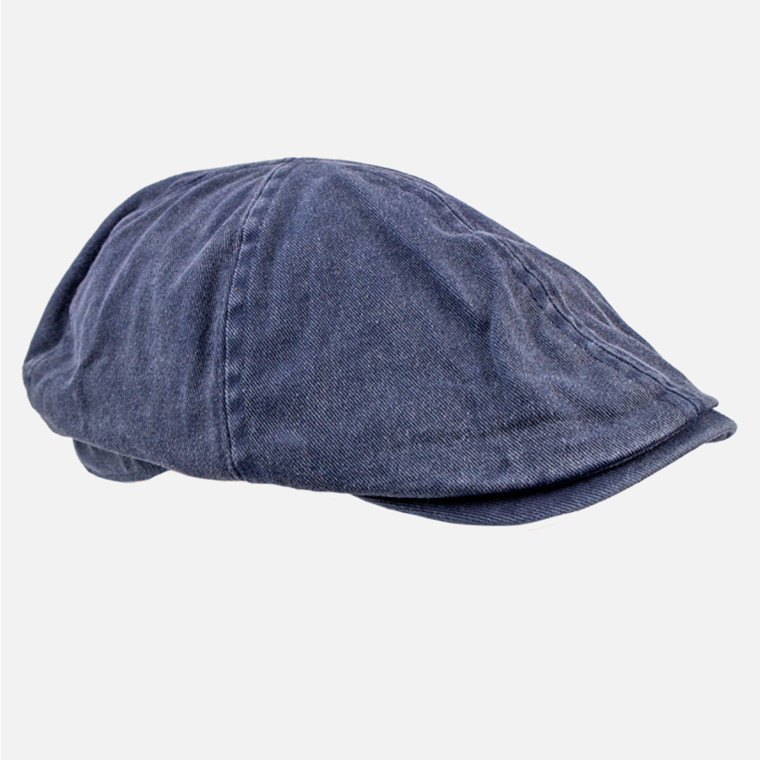 Side profile of the Navy Cotton Flat Cap, showing the structured shape.