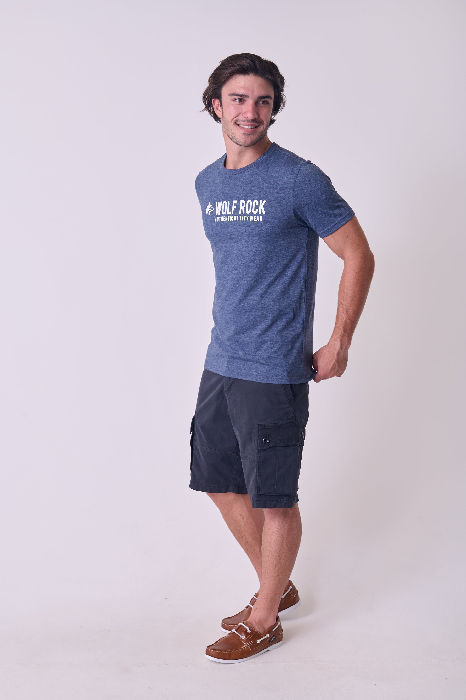 Close-up of the neck and shoulder seam detail on the Navy Mélange Wolf Rock T-shirt