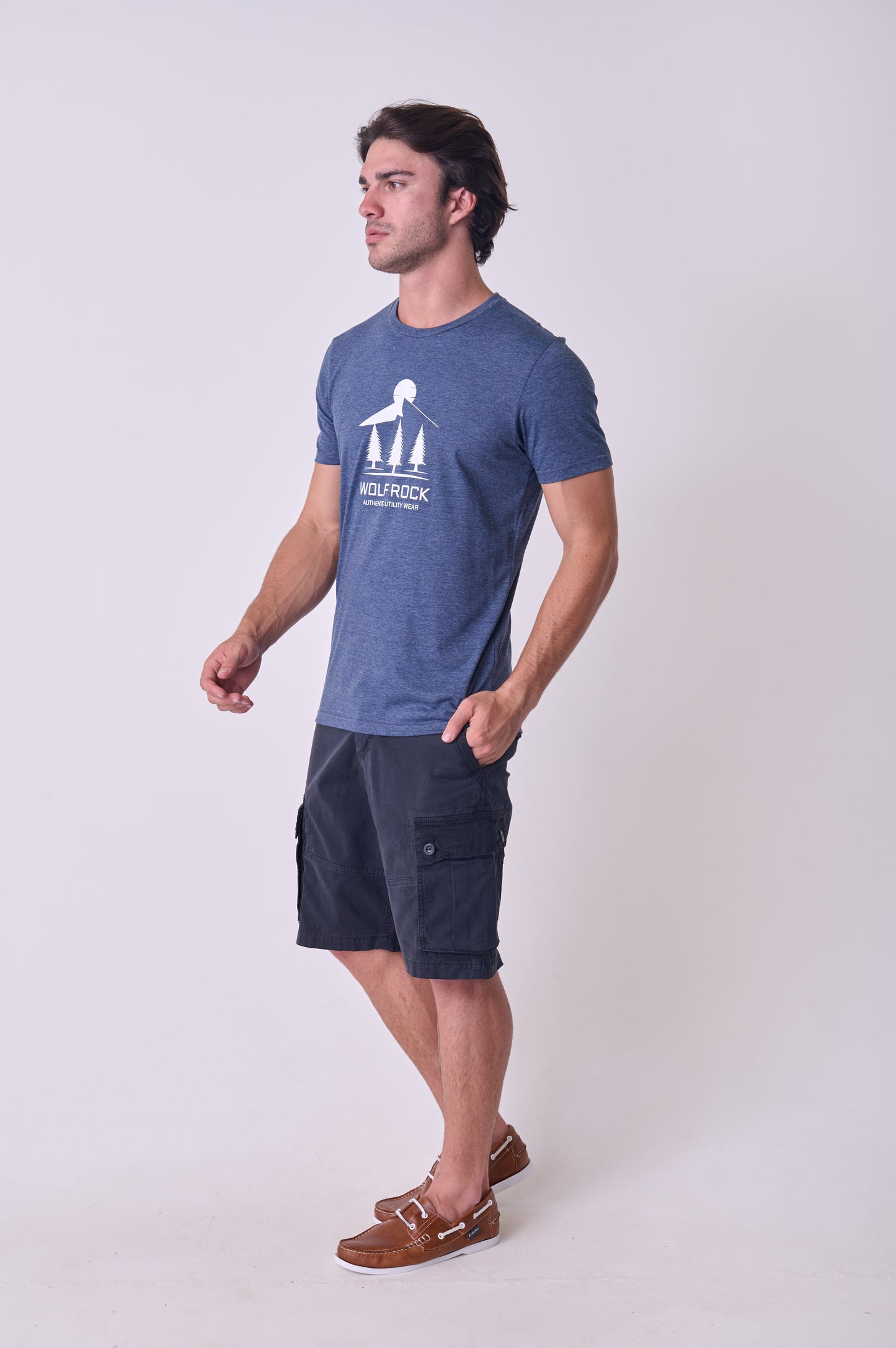 Close-up of the detailed mountain graphic on the Navy Mélange Wolf Rock T-shirt.