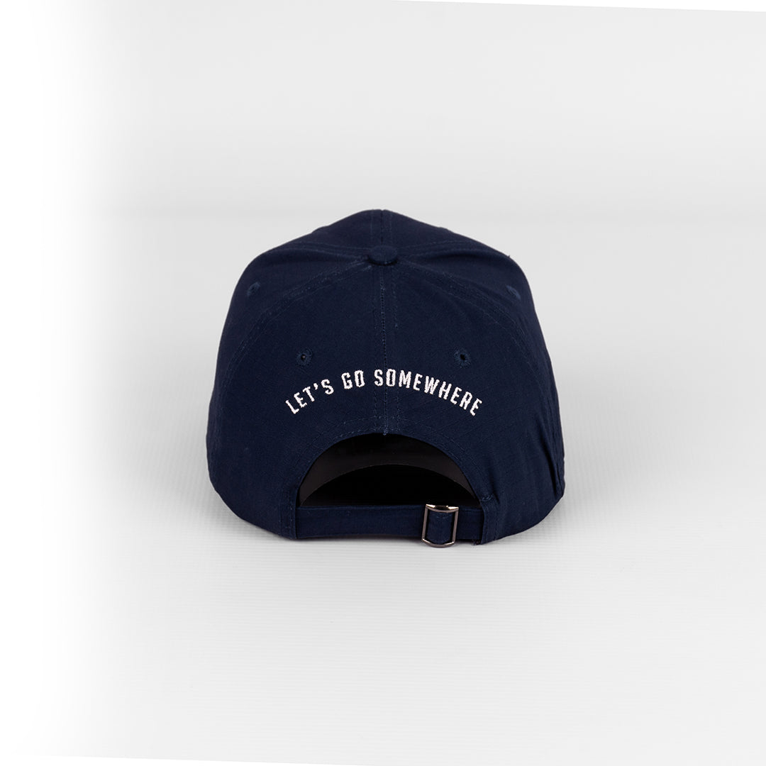 Rear view showing the adjustable metal clasp closure on the Navy Rip Stop Cap.