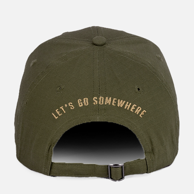 Rear view showing the adjustable metal clasp closure on the Olive Rip Stop Cap.