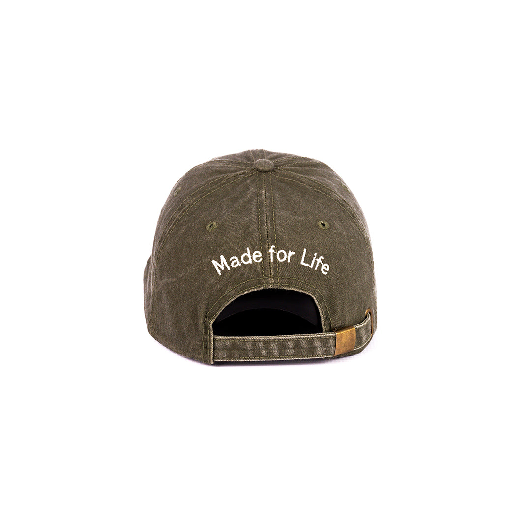 Rear view of the Olive Washed Cotton Cap, showing the adjustable closure and rear embroidery.