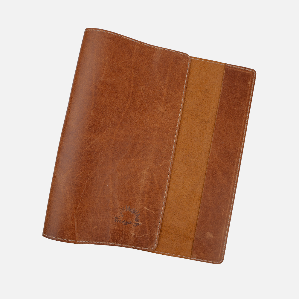 Open view of the Tan leather notebook cover, showing how a standard A4 notebook is fitted inside.