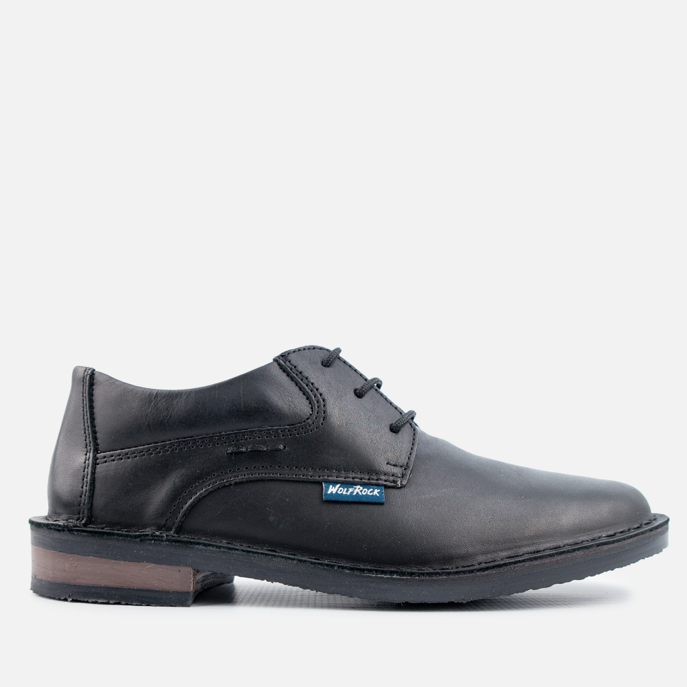 Side view of the Wolf Rock dress shoe, Archer, in smooth black burnish leather. 