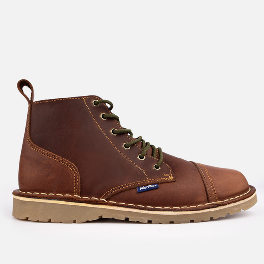 Side view of the Wolf Rock Baxter Boot in rich Cognac full-grain leather.