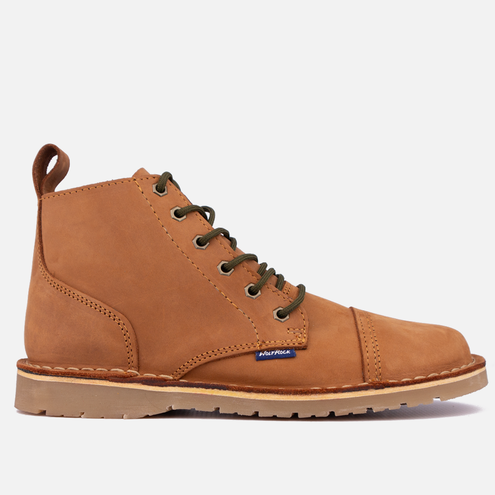 Side view of the Wolf Rock Baxter boot in Santiago Dark Choc leather with olive laces and a durable rubber sole.