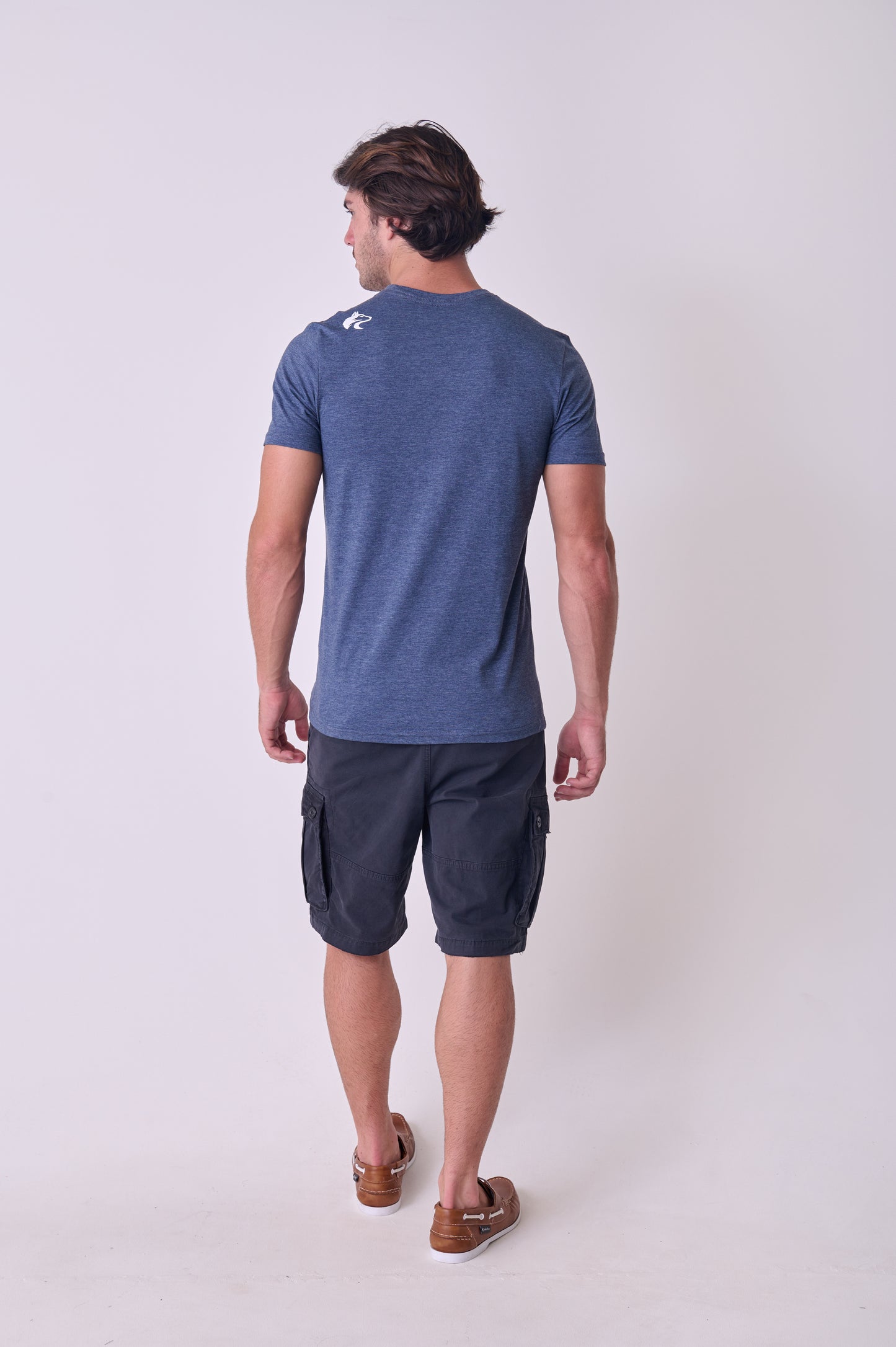 Rear view of the Wolf Rock Bergface Tee in Navy Mélange, featuring WR logo print on the back shoulder.