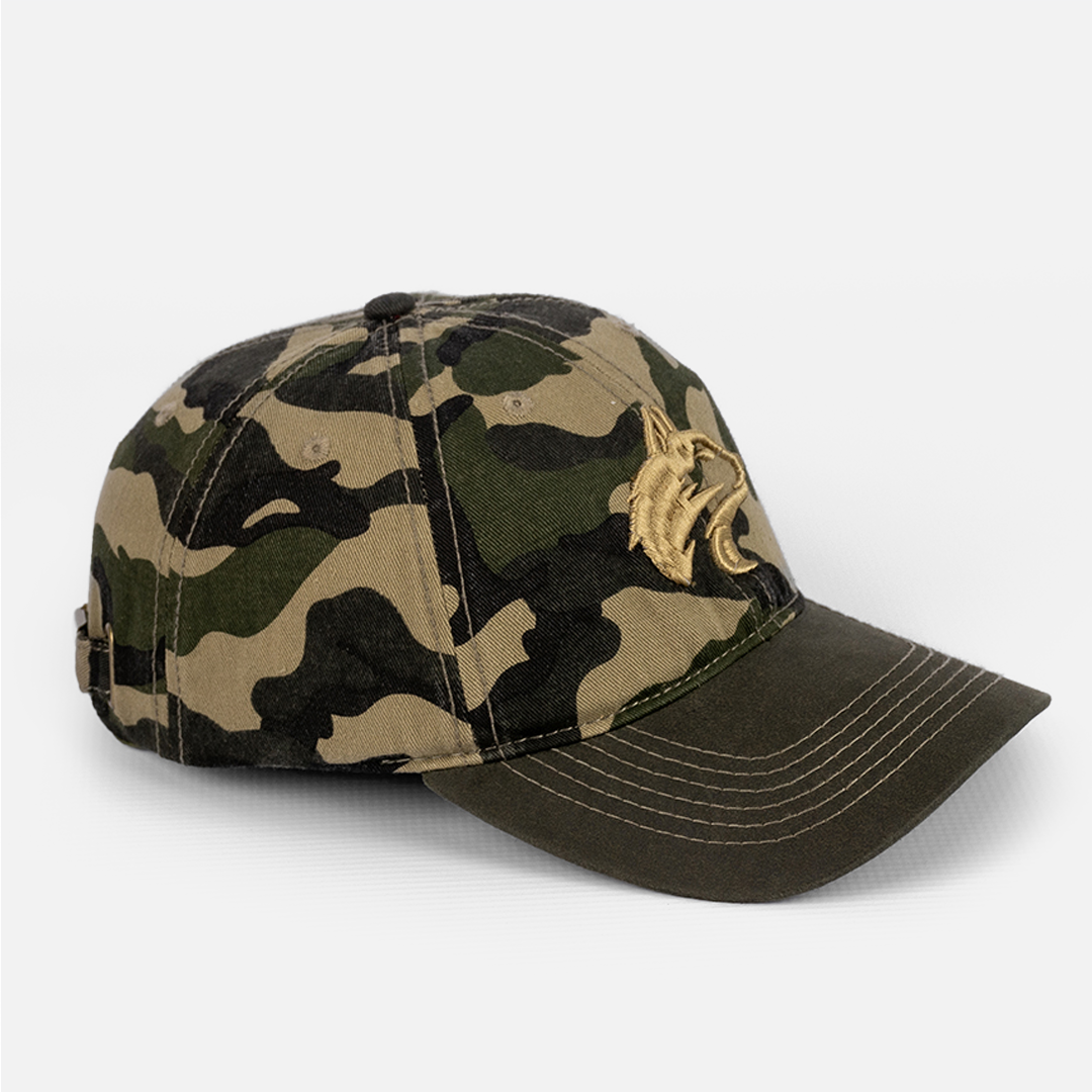 Angled profile showing the shape and comfortable, washed finish of the Wolf Rock Camo Cap.