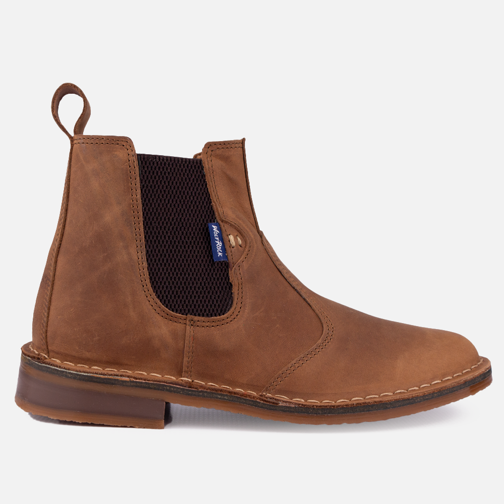 Side profile of the Wolf Rock Carter Boot in Tan leather, a men's classic heeled gusset boot with a formal look.