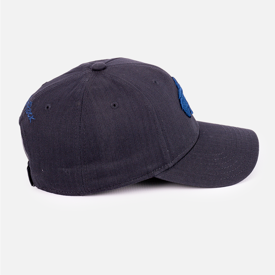 Side view of the Wolf Rock Casa Nostra Navy Textured Cap.