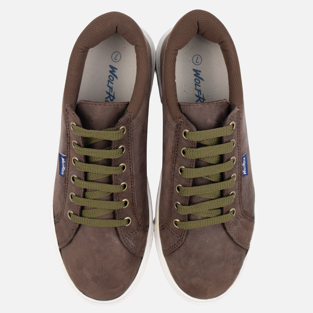 Pair of Wolf Rock Cayden Sneakers in Houston Brown leather, showing olive lace detail and toffee sole.