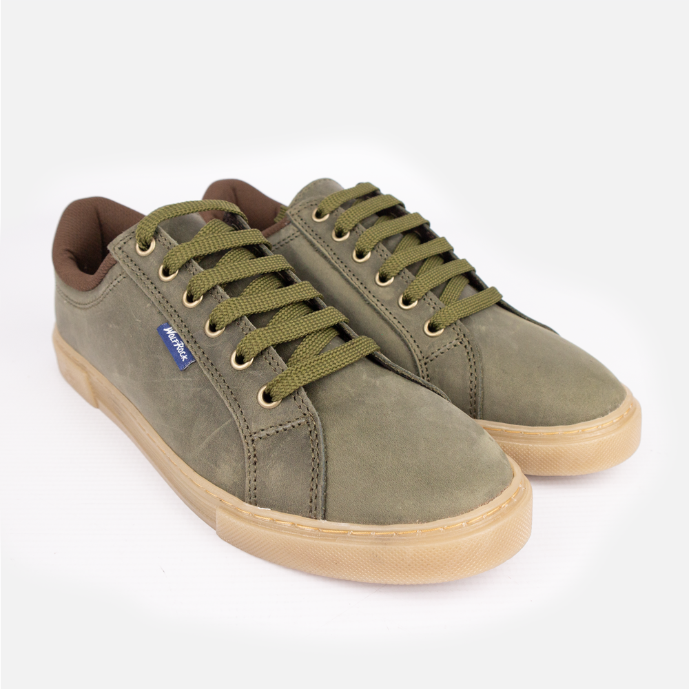 Pair of Wolf Rock Cayden Sneakers in Olive Nubuck, showing olive lace detail and toffee sole.