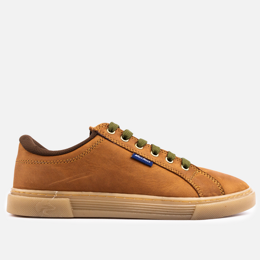 Side profile of the Wolf Rock Cayden Sneaker in Houston Tan leather, a men's comfortable casual lace-up shoe.