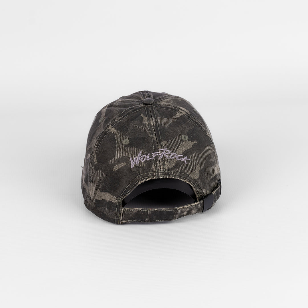 Rear view of the Wolf Rock Charcoal Camo Cap, showing the adjustable strap closure.