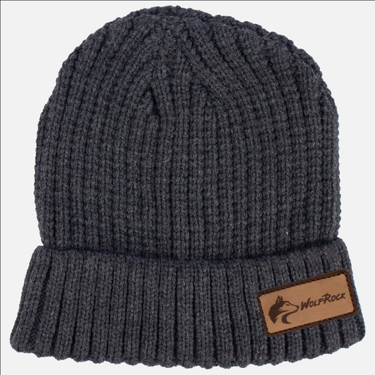 Front view of the Wolf Rock Charcoal Knitted Beanie with cuffed edge.