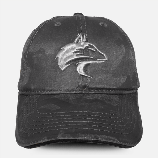 Front view of the Wolf Rock Charcoal Oil Skin Camo Cap, showing the waxed fabric and camo pattern.