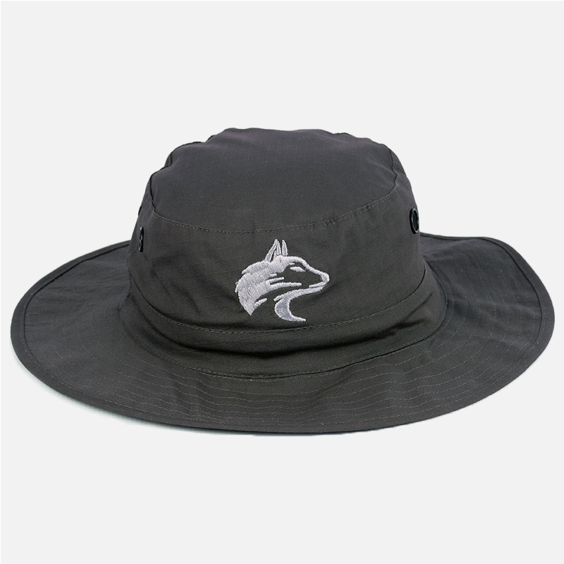 Front view of the Wolf Rock Charcoal Rip Stop Wide Brim hat, showing subtle front logo embroidery. 