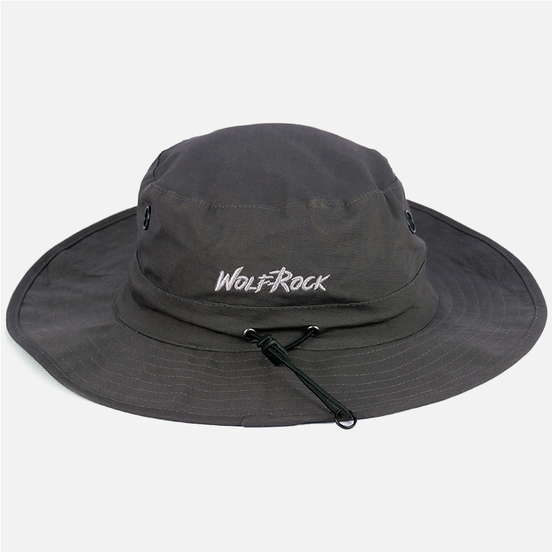 Rear view of the charcoal Wolf Rock Rip Stop Wide Brim hat, showing subtle back logo embroidery and rip stop closure detail. 