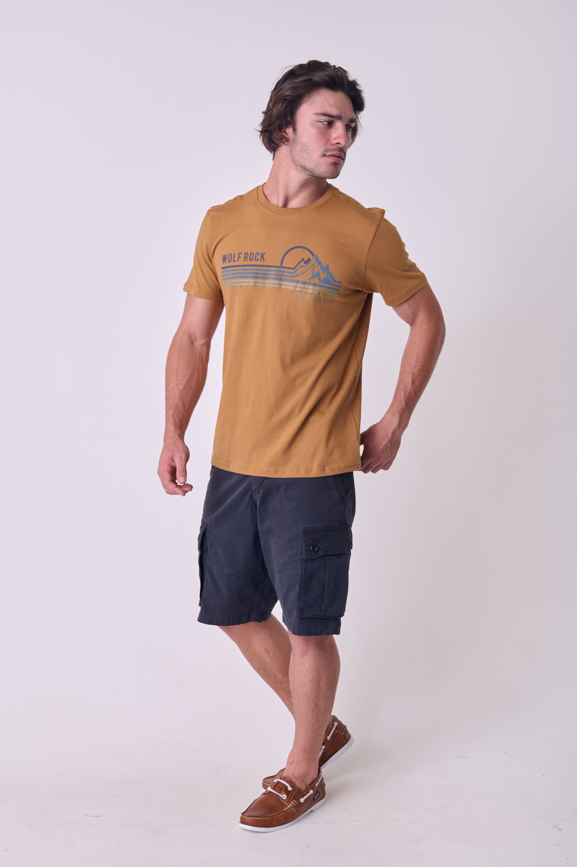 Close-up of the contrasting print of the logo print on the Wolf Rock Cider T-shirt.