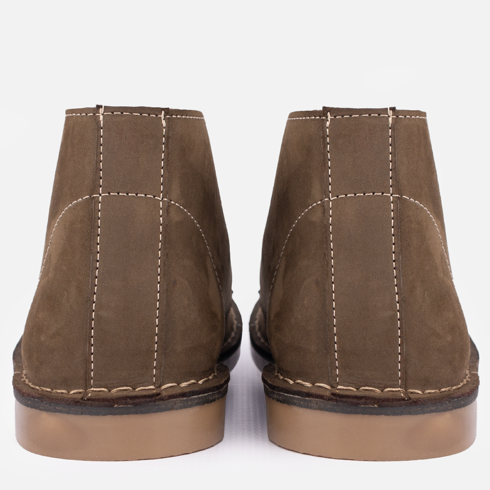 Rear view showing the contrasting stitch detail on the Wolf Rock Dalton Men's Premium Leather Shoe in Olive.