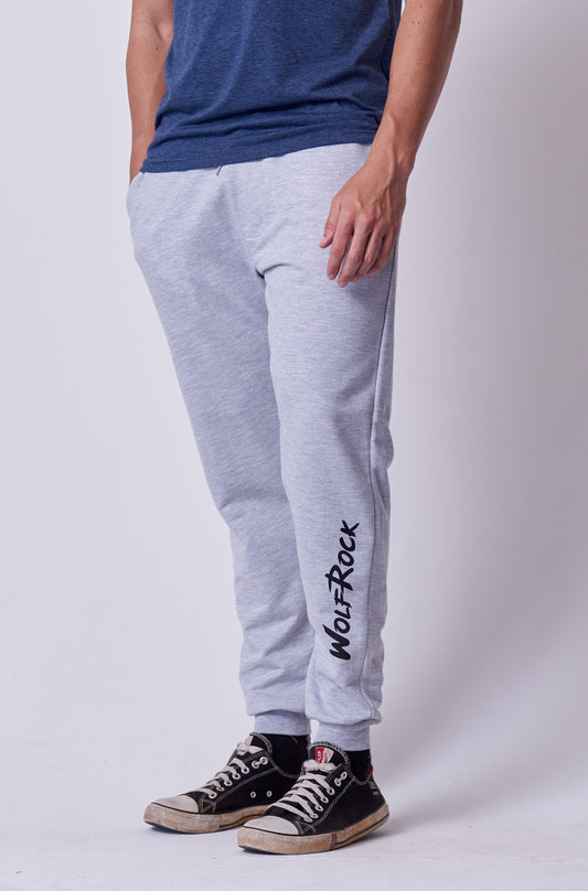 Front view of the Wolf Rock Fleece Jogger Bottoms in Grey Mélange.