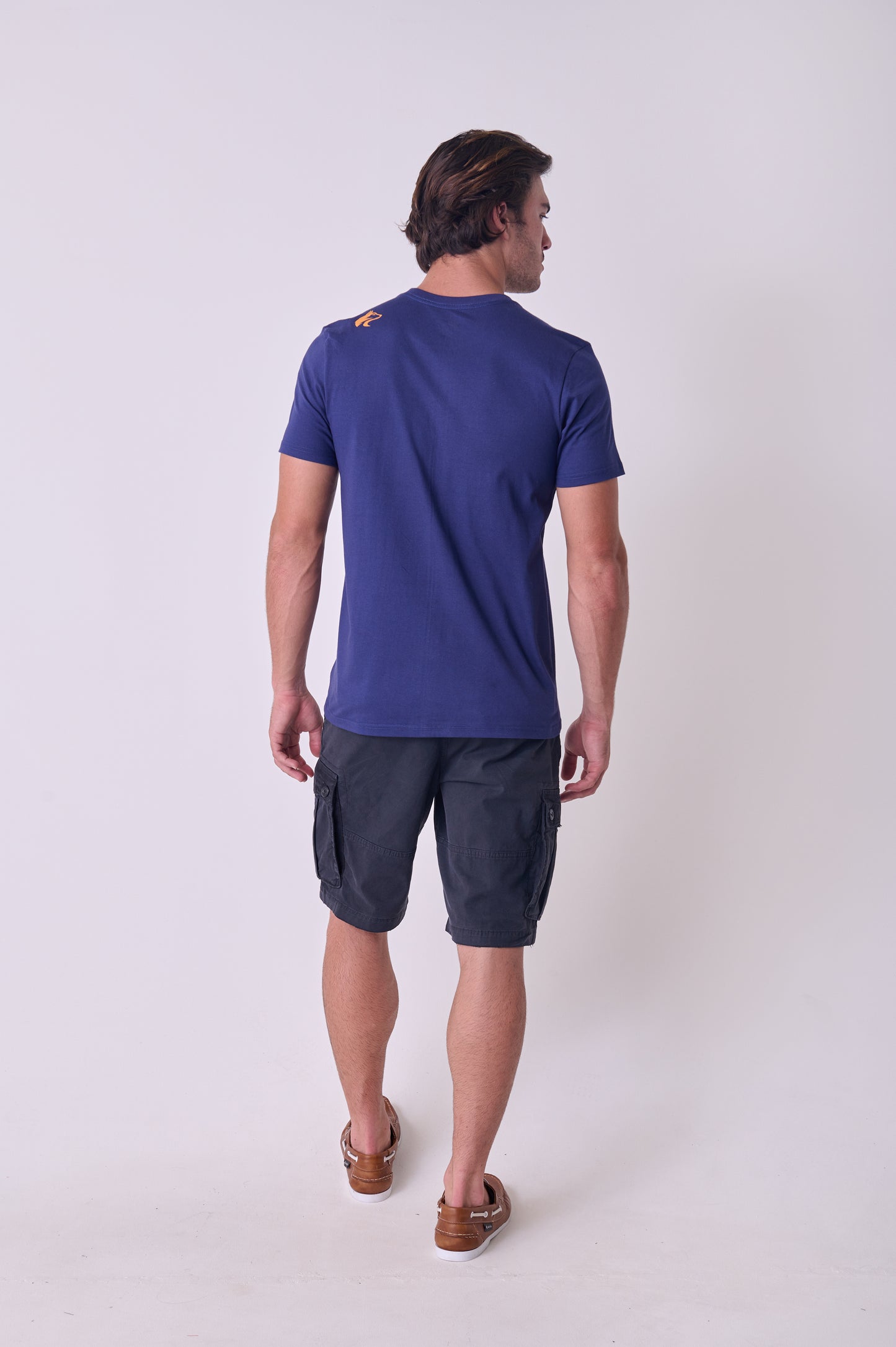 Rear view of the Wolf Rock Geo Print Tee in Navy Mélange, featuring the geometric chest graphic.