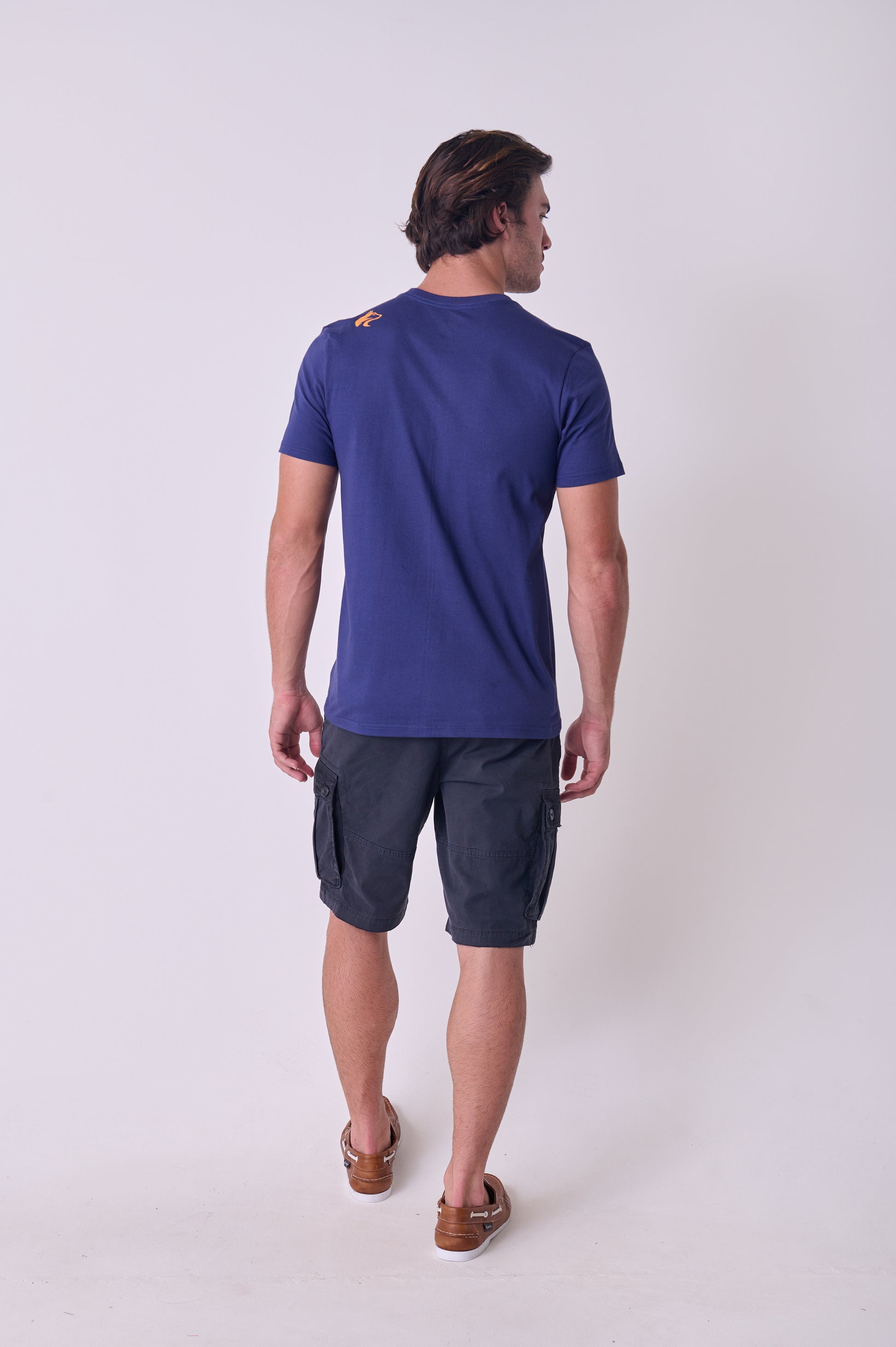 Rear view of the Wolf Rock Geo Print Tee in Navy Mélange, featuring the geometric chest graphic.