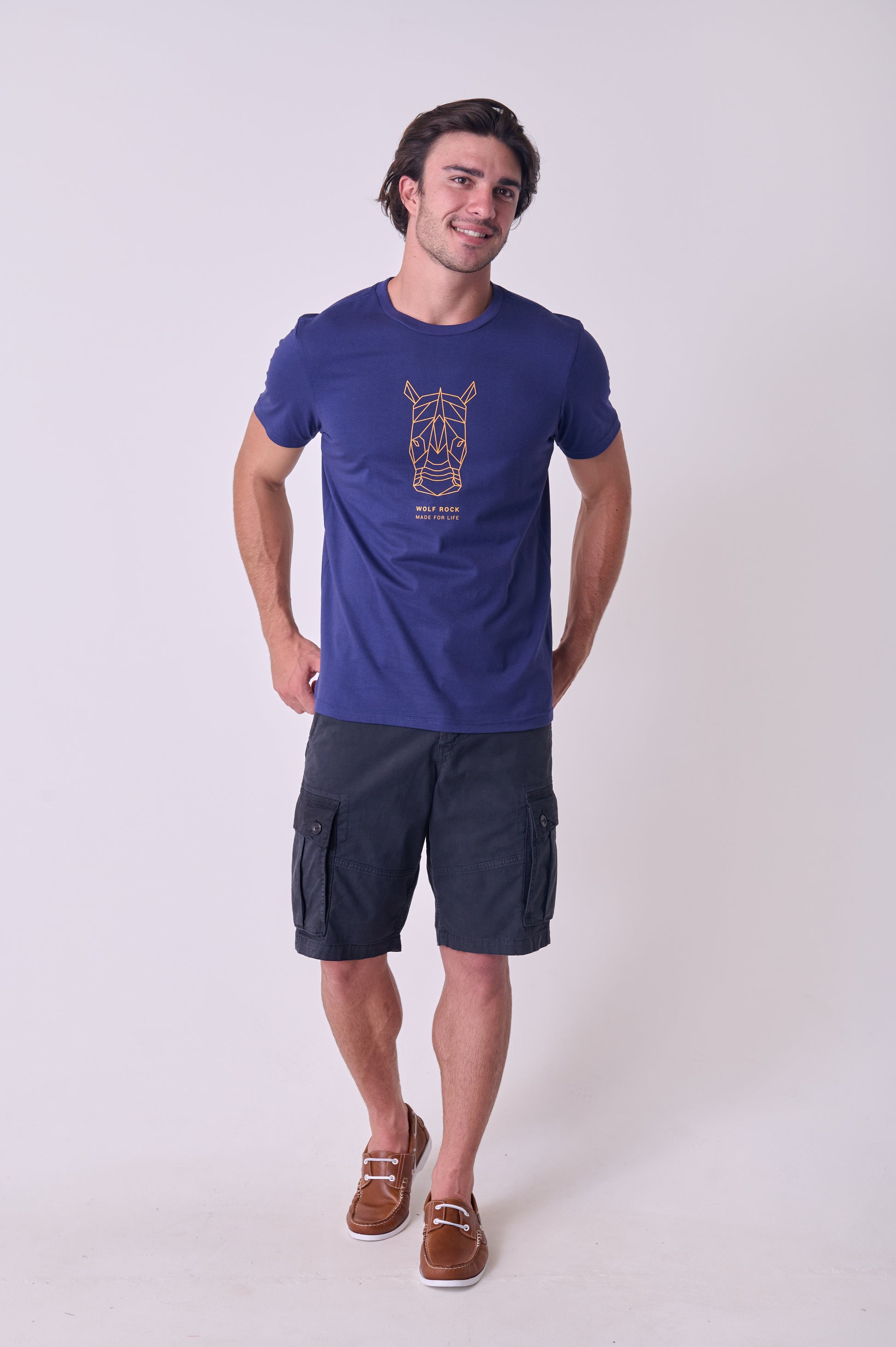 Front view of the Wolf Rock Geo Print Tee in Navy Mélange, featuring the geometric chest graphic.