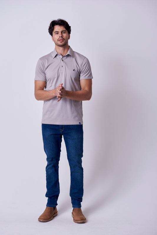 Front view of the Wolf Rock WR Golfer Tee (polo shirt) in Grey, showing the collar and button placket.