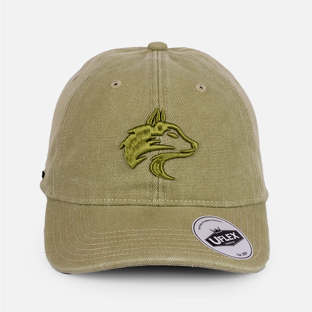 Front view of the Wolf Rock Green U-Flex Canvas Cap, highlighting the structured but flexible fit.