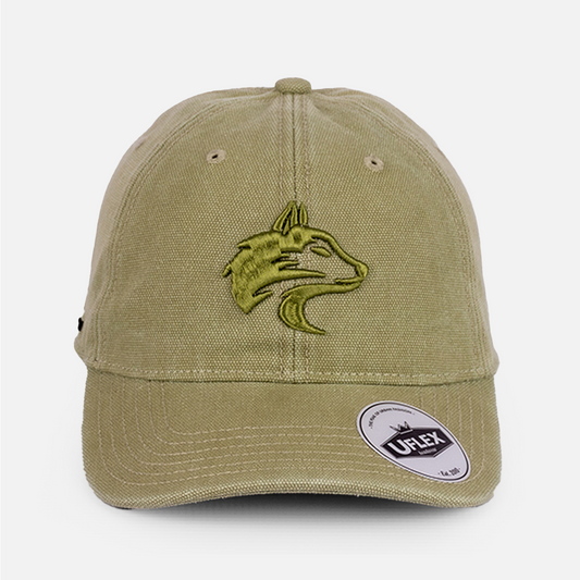 Front view of the Wolf Rock Green U-Flex Canvas Cap, highlighting the structured but flexible fit.