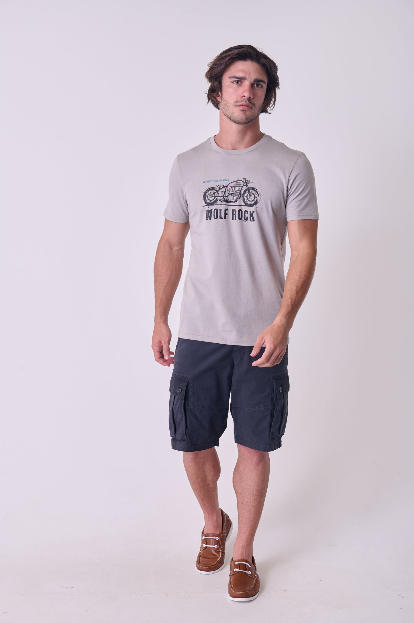 Front view of the Wolf Rock Road Untaken Tee in Grey, showing the large adventure-themed graphic print.