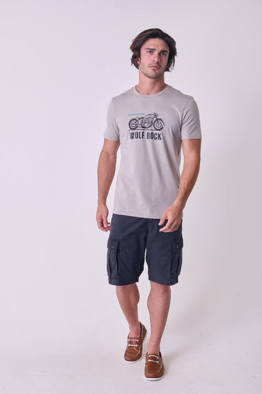 Front view of the Wolf Rock Road Untaken Tee in Grey, showing the large adventure-themed graphic print.
