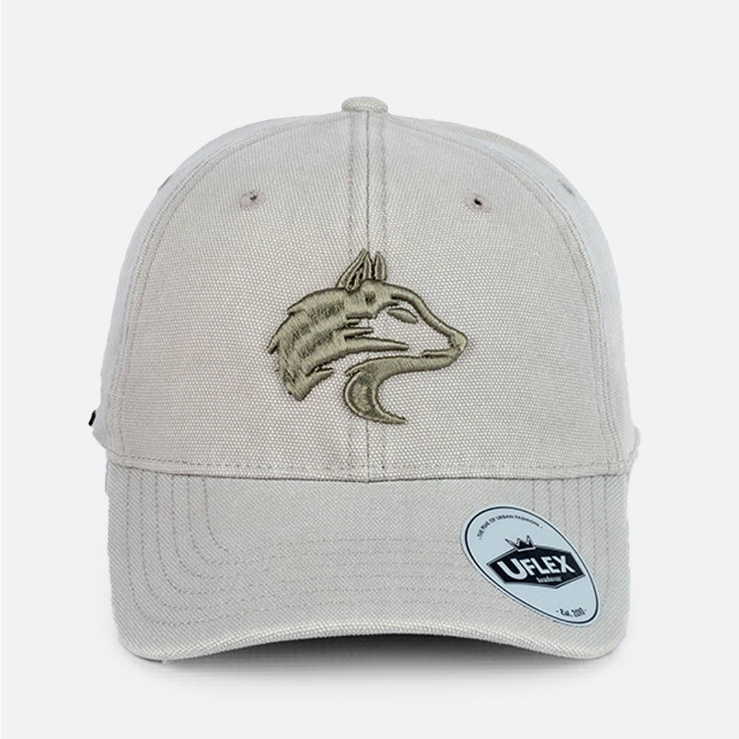 Front view of the Wolf Rock Grey U-Flex Canvas Cap, highlighting the structured but flexible fit.
