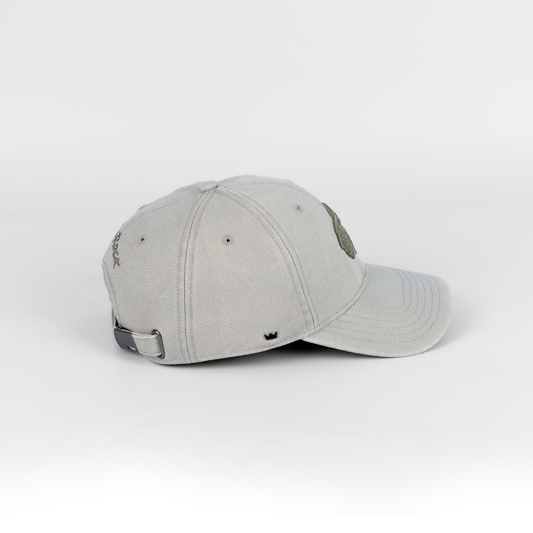 Side profile of the Wolf Rock Grey U-Flex cap, showing the curved peak and shape-retaining flexibility.