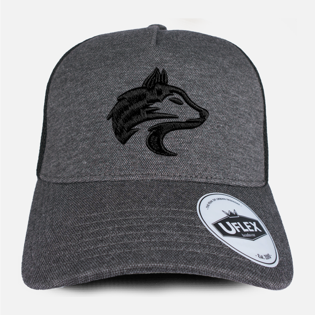 Front view of the Wolf Rock Grey U-Flex Trucker Cap, showing the structured front panel.