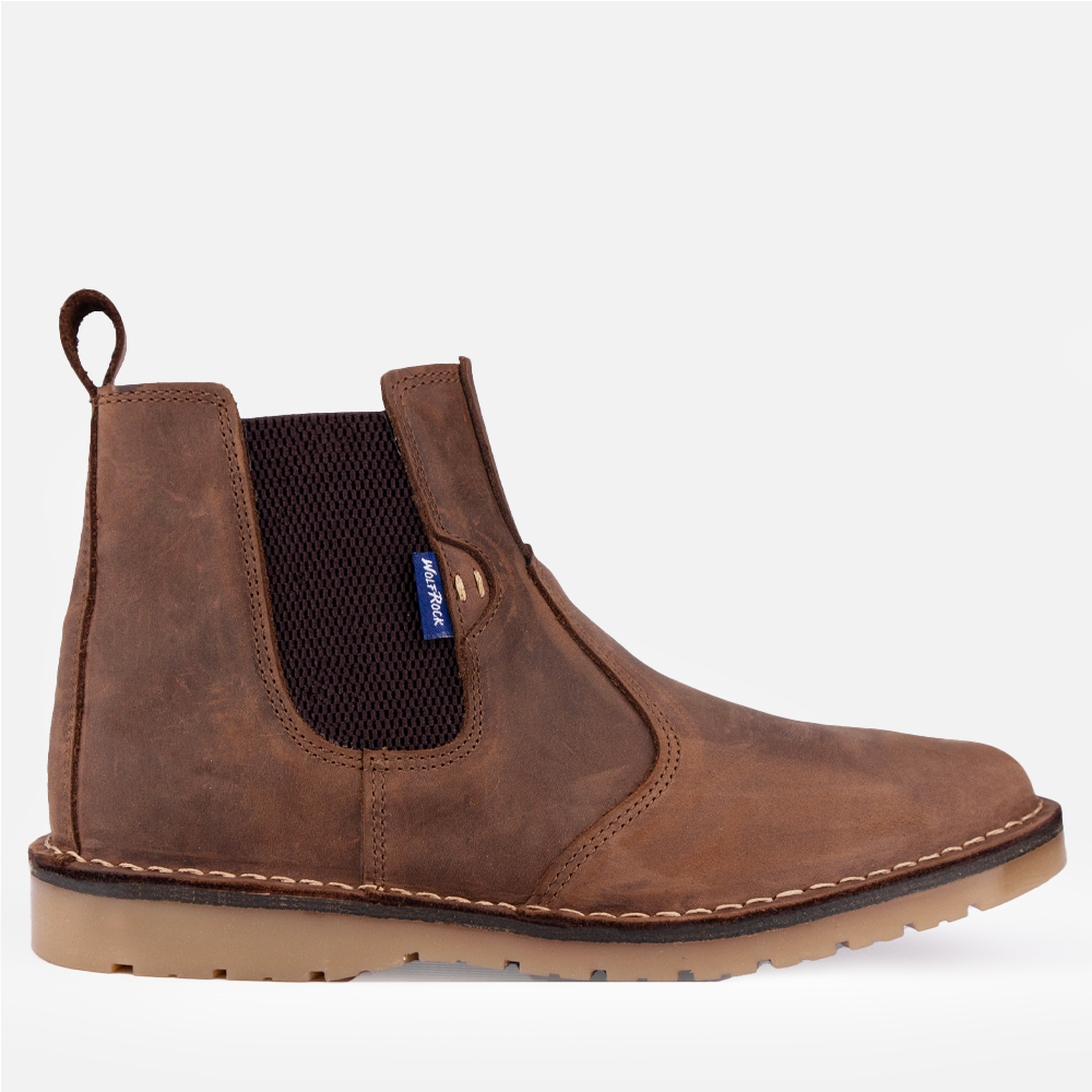 Side profile of the Wolf Rock Harlow men's leather gusset boot on a chunky sole.