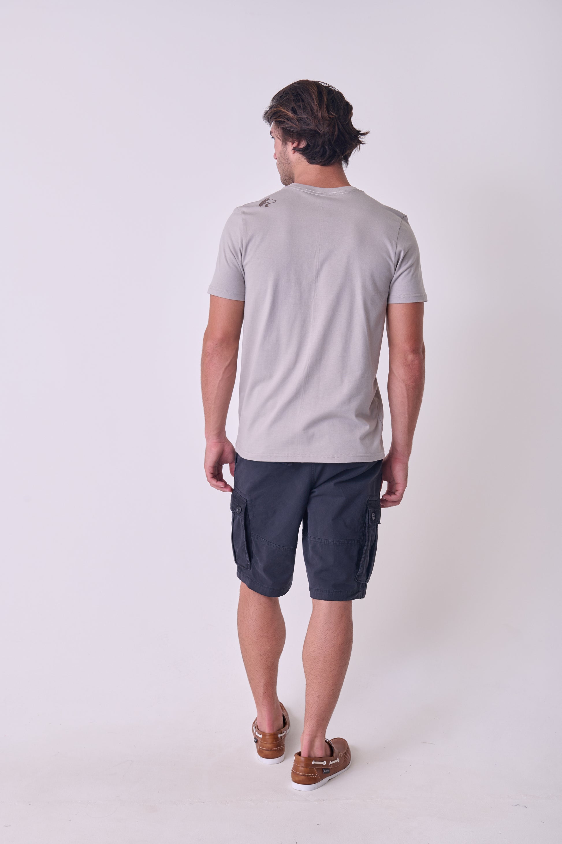 Rear view of the Wolf Rock Hidden WR Tee in Grey, showing the subtle branding on the back shoulder.