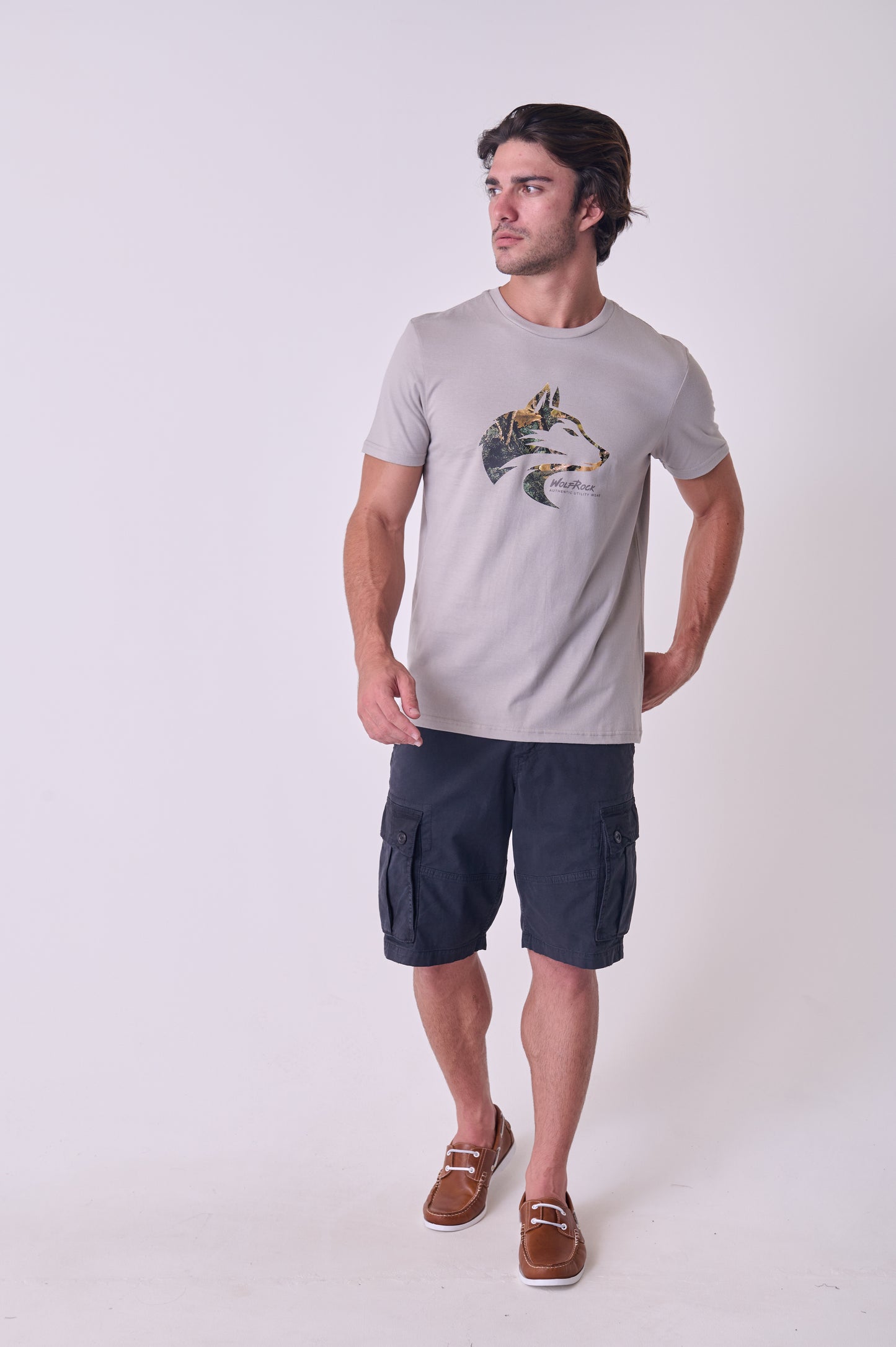 Front view of the Wolf Rock Hidden WR Tee in Grey, showcasing the subtle branding detail.