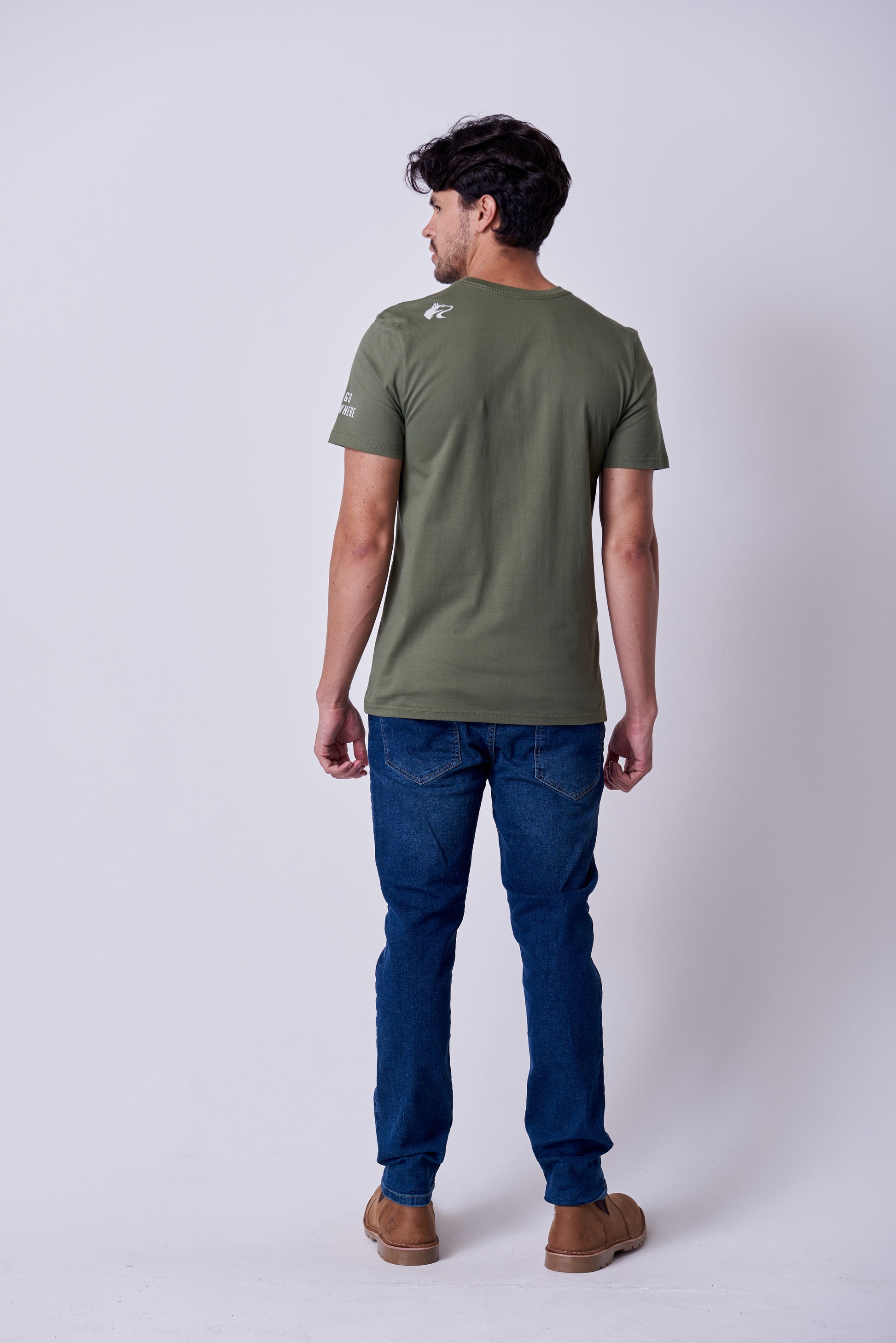 Rear view of the the Olive Wolf Rock Icon T-shirt in a relaxed, casual fit.
