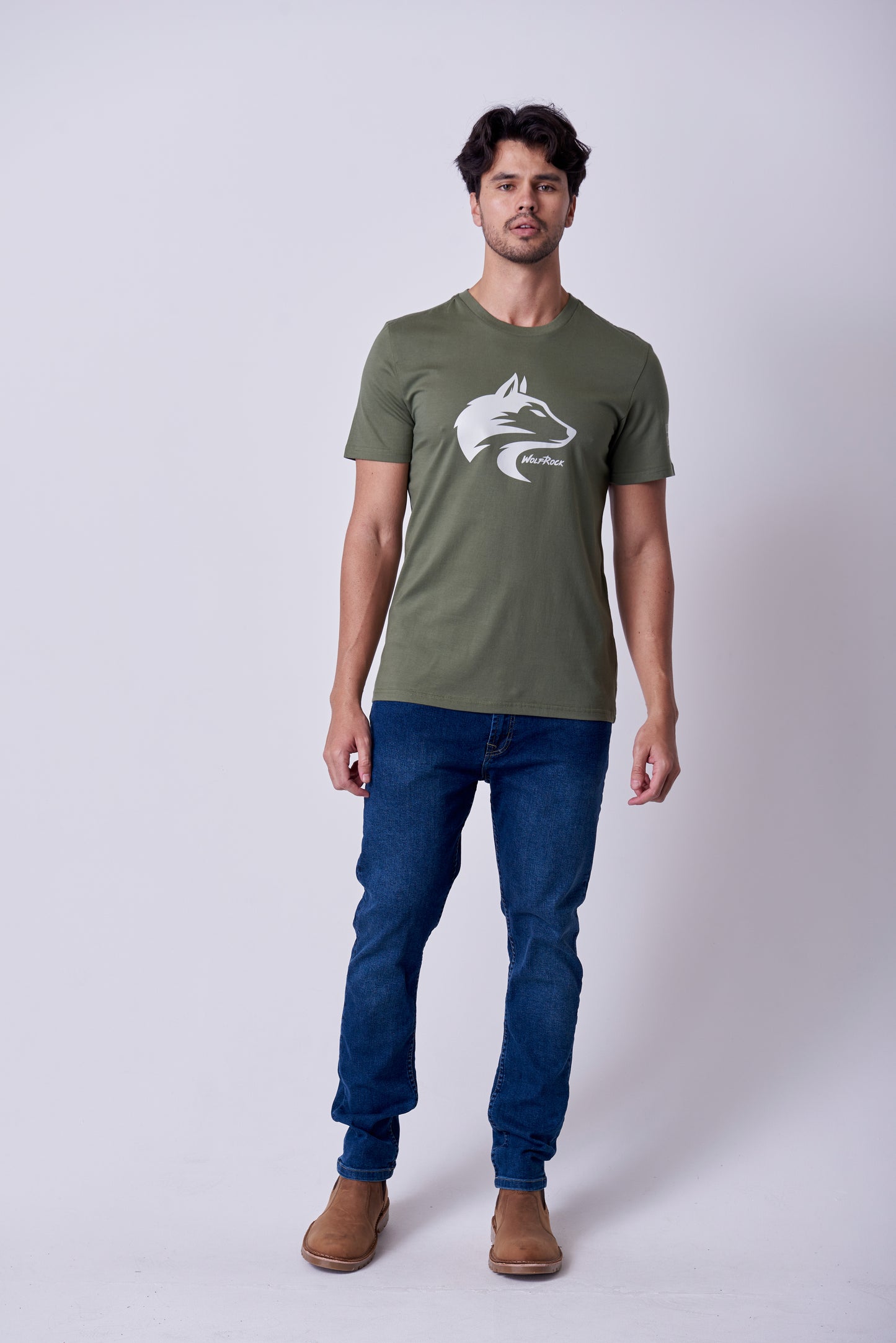Front view of the Wolf Rock WR Icon Printed Tee in Olive green, showing the subtle chest logo.