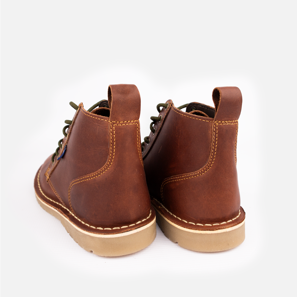 Rear profile of the Wolf Rock Jason lace-up men's boots in cognac leather, showing the contrast stitching and heel detail.