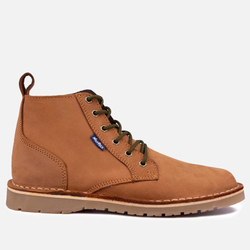 Side view of the Wolf Rock Jason Boot in rich Santiago Dark Choc leather with olive green laces. 