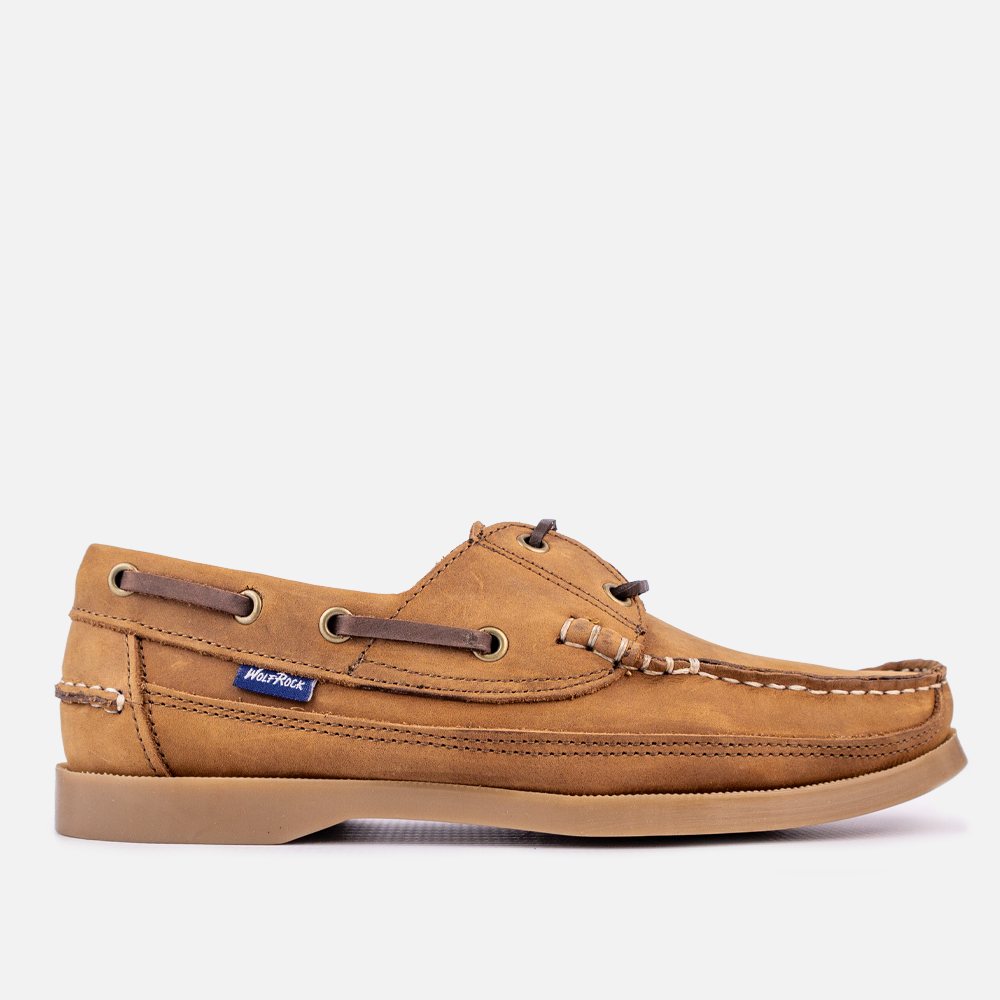 Side profile of the Wolf Rock Kyle Boat Shoe in Santiago leather, a men's handcrafted leather slip-on shoe.