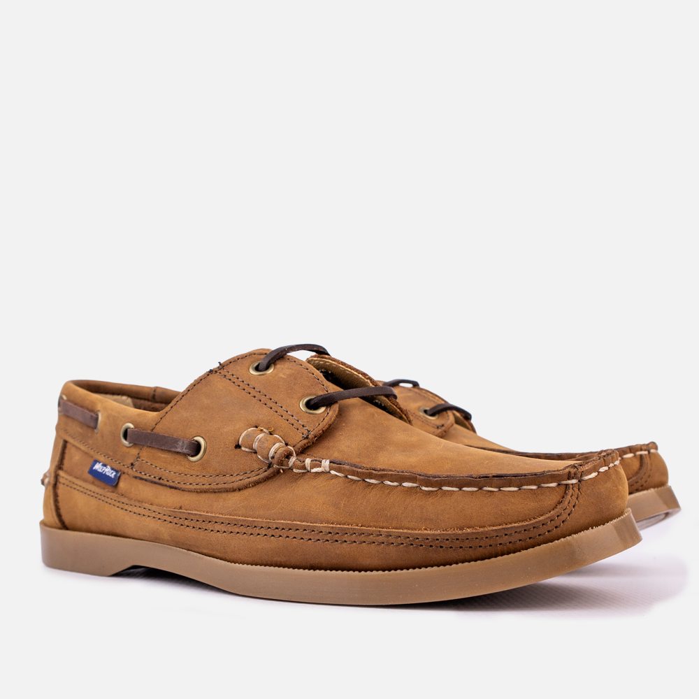 Close-up of the leather lacing and stitch detail on the Wolf Rock Kyle Santiago Boat Shoe.