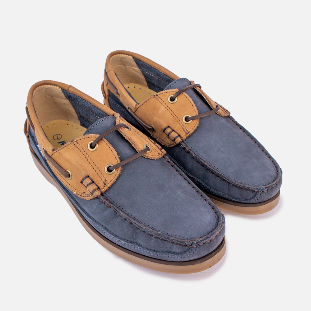Pair of the Wolf Rock Kyle Boat Shoe in Tan and Navy nubuck leather, a men's handcrafted leather shoe.