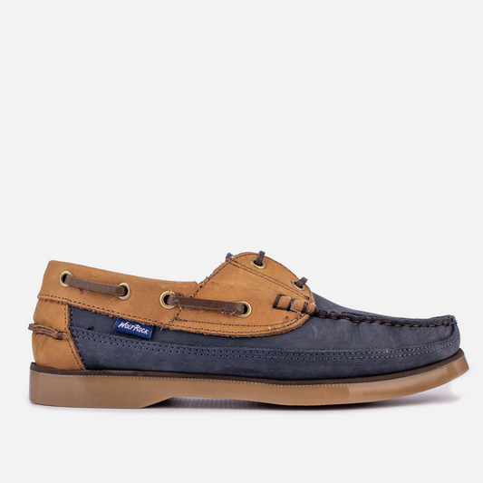 Side profile of the Wolf Rock Kyle Boat Shoe in Tan and Navy nubuck leather, a men's handcrafted leather shoe.