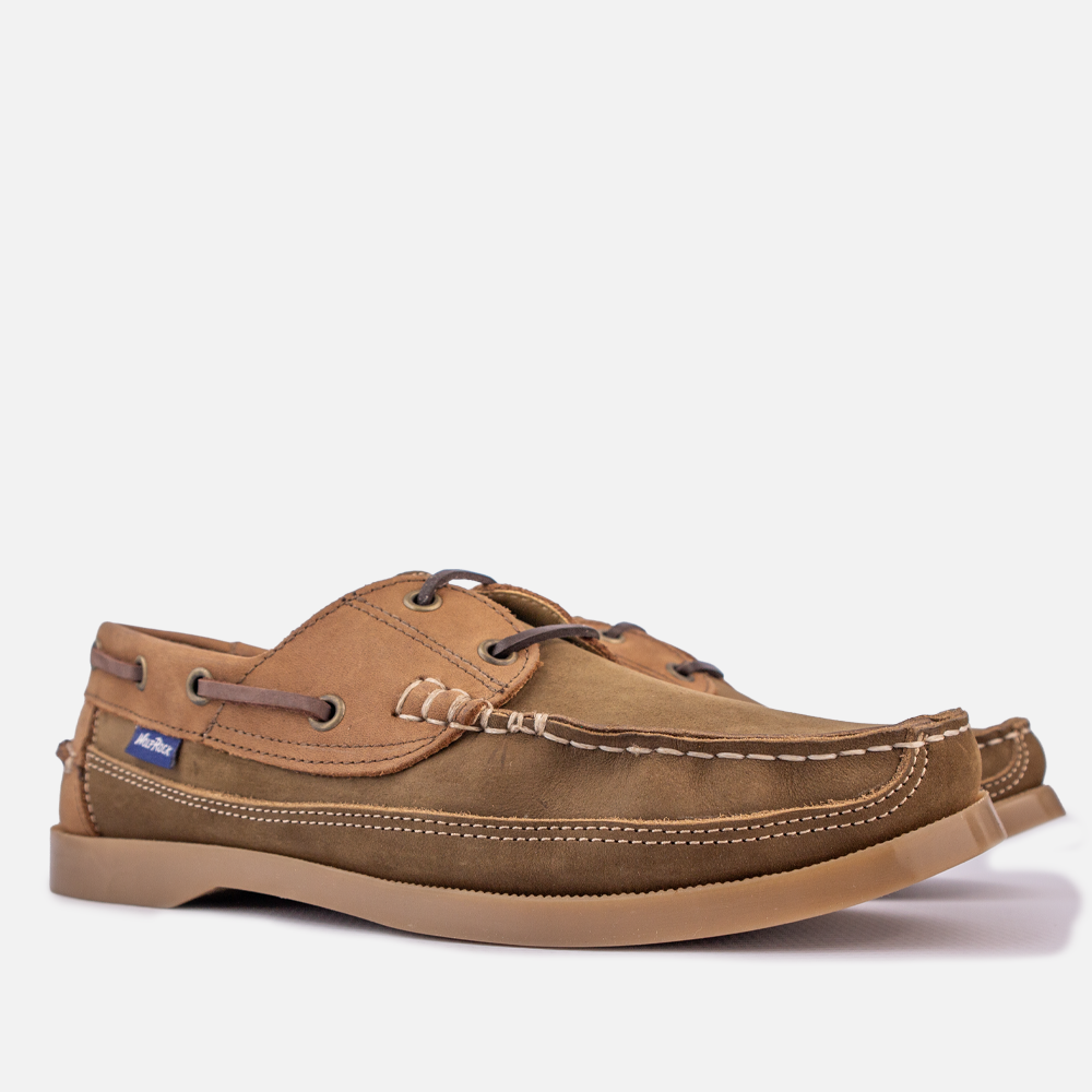 Close-up showing the combined genuine leather and suede textures on the Wolf Rock Kyle Boat Shoe.