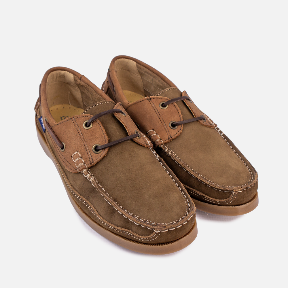 Pair of Wolf Rock Kyle Boat Shoe in Tan and Olive, a men's suede and leather handcrafted boat shoe.
