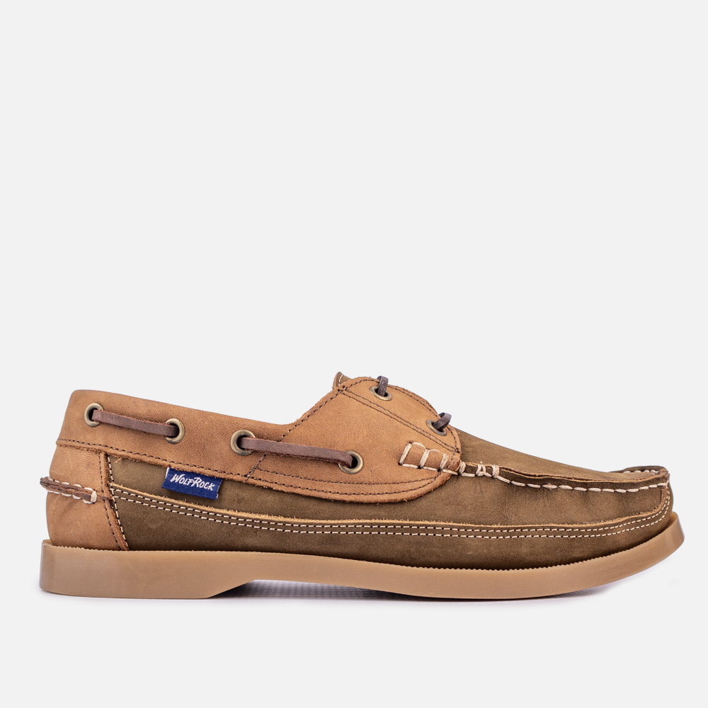 Side profile of the Wolf Rock Kyle Boat Shoe in Tan and Olive, a men's suede and leather handcrafted boat shoe.